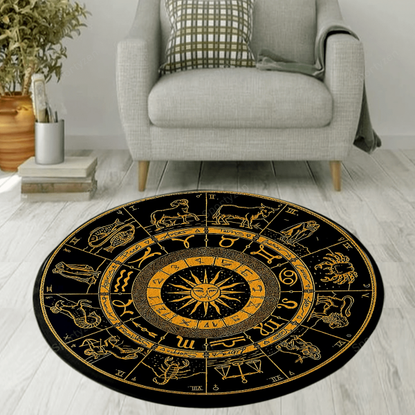 Golden Zodiac Pattern Round Rug Carpet Washable Rugs - Image 2