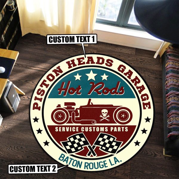 Personalized Hot Rod Garage Decor, Home Bar Decor Service Custom Parts Round Mat - Image 3