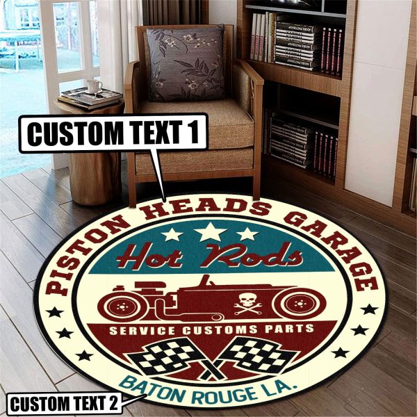 Personalized Hot Rod Garage Decor, Home Bar Decor Service Custom Parts Round Mat - Image 2