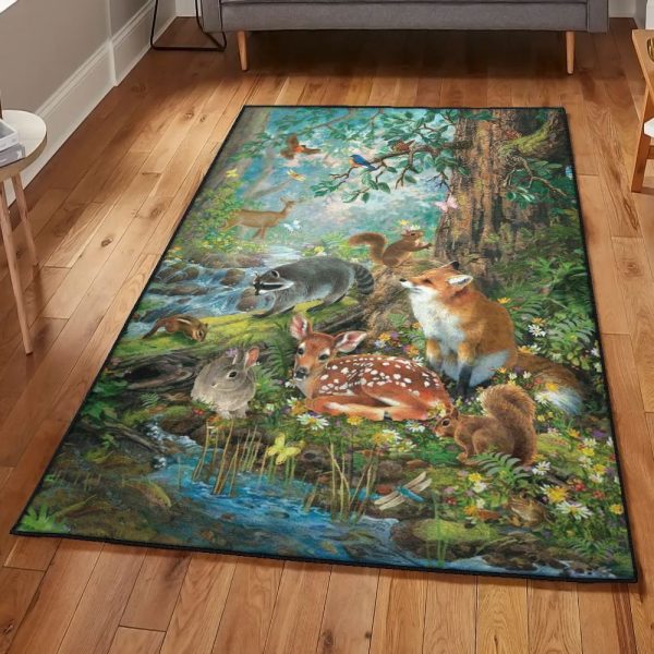 Animal Dining Room Rug Forest Animal Rug Rectangle Rugs Washable Area Rug Non-Slip Carpet For Living Room Bedroom