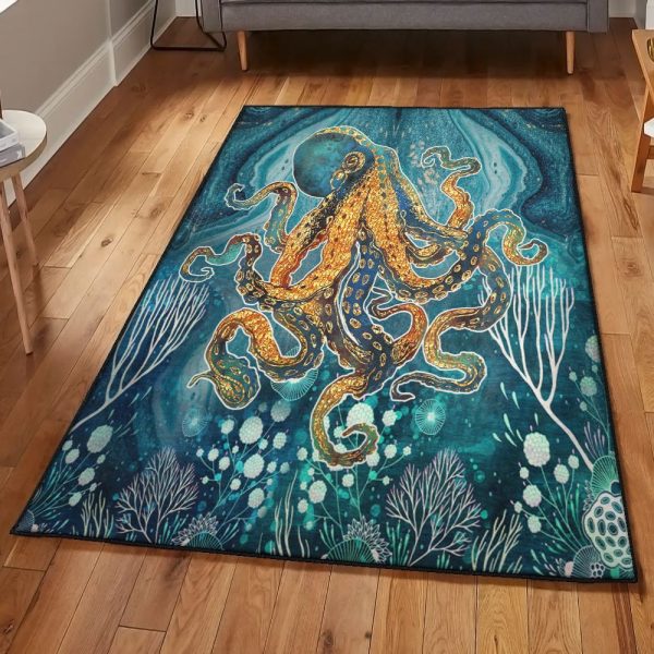 Metal Dining Room Rug Octopus Golden Underwater Dream Rug Rectangle Rugs Washable Area Rug Non-Slip Carpet For Living Room Bedroom