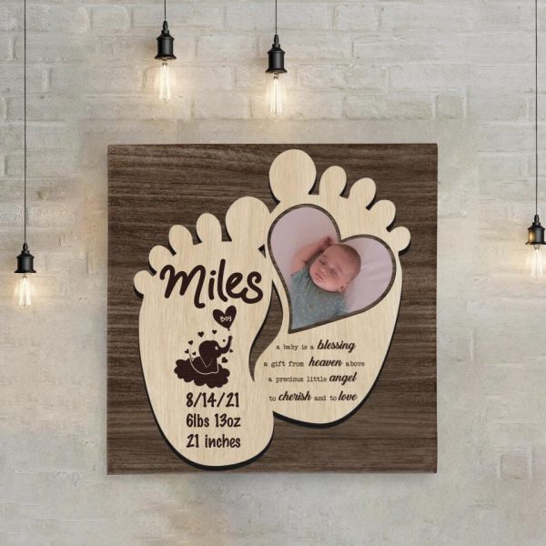 Personalized Canvas Prints Custom Name, Date Of Birth And Upload Photo - Wooden Baby Feet Magnet Save The Date Of Birth Dem Canvas - Image 2