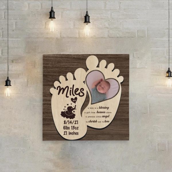 Personalized Canvas Prints Custom Name, Date Of Birth And Upload Photo - Wooden Baby Feet Magnet Save The Date Of Birth Dem Canvas - Image 3