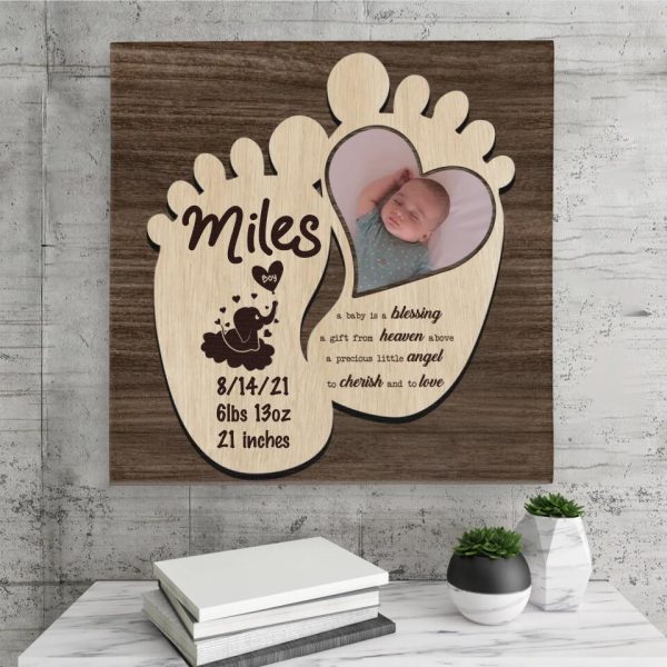 Personalized Canvas Prints Custom Name, Date Of Birth And Upload Photo - Wooden Baby Feet Magnet Save The Date Of Birth Dem Canvas - Image 4