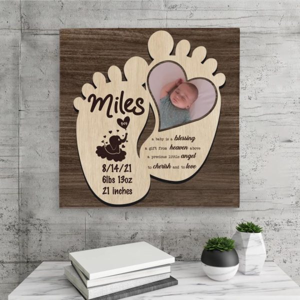 Personalized Canvas Prints Custom Name, Date Of Birth And Upload Photo - Wooden Baby Feet Magnet Save The Date Of Birth Dem Canvas - Image 5