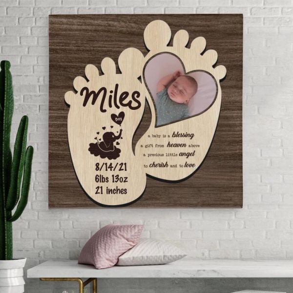 Personalized Canvas Prints Custom Name, Date Of Birth And Upload Photo - Wooden Baby Feet Magnet Save The Date Of Birth Dem Canvas - Image 7