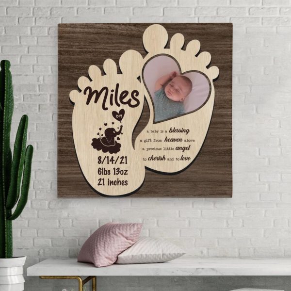 Personalized Canvas Prints Custom Name, Date Of Birth And Upload Photo - Wooden Baby Feet Magnet Save The Date Of Birth Dem Canvas - Image 8