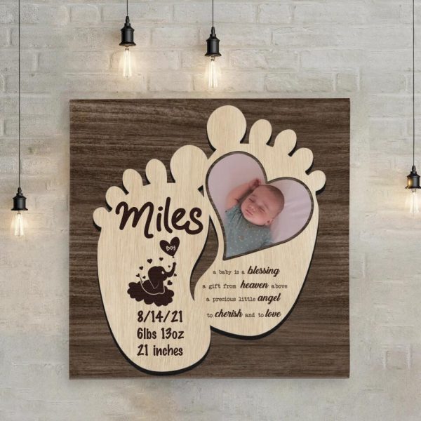 Personalized Canvas Prints Custom Name, Date Of Birth And Upload Photo - Wooden Baby Feet Magnet Save The Date Of Birth Dem Canvas