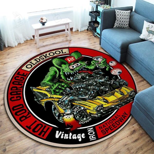 Hot Rod Garage Old Skool Round Mat Round Floor Mat Room Rugs Carpet Outdoor Rug Washable Rugs